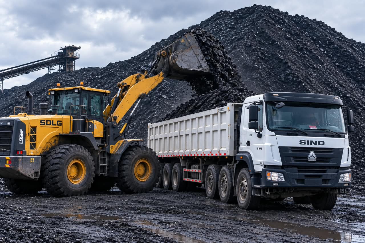 Wheel loader filling a coal transport truck at a mining operation